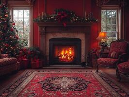 Fireplace aglow in festive room, gifts and tree with exterior background view, for holiday photo