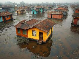 Floating dwellings in an inundated area, foggy sky in the background. Stock photo