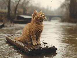 Kitten sits on raft floating on river with misty trees and bridge behind photo