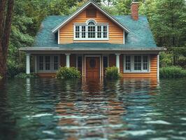 House submerged in floodwater, surrounded by trees. Usage disaster, real estate photo