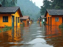 Flooded orange houses in a village, trees in the background. use news photo