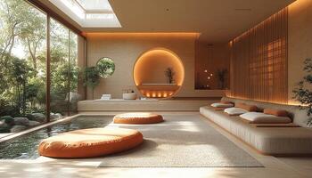 Interior room with pool and sofa and trees seen from the glass wall photo