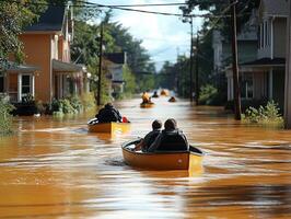 People in canoes navigating flooded street, buildings behind. Useful for disaster aid photo