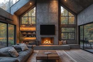 Interior with fireplace, sofa, and windows looking to forest, used for home design photo
