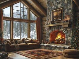 Log cabin interior with fireplace, couch, and winter mountain view. Possible home or travel use photo