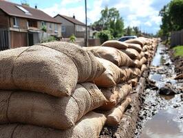 Sandbags line a trench in a street with houses as a flood prevention measure photo