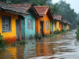 Flooded village street with colorful houses and trees in the background photo