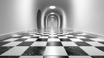 Long, tiled corridor with lit, arched entryways receding into light at end, possible path photo