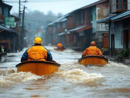 People in boats navigating flooded street, buildings seen in the background photo