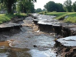 Flooded road in a rural area, eroded edges with trees and building in back, for disaster use photo