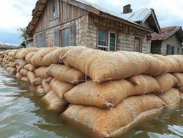 Sandbags protecting a home from flooding with other homes in the distant background photo