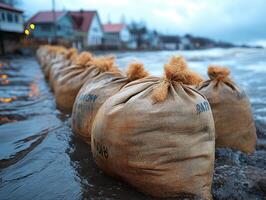Sandbags line the shore, defending houses against waves. Use disaster, natural event photo
