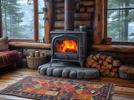 Fireplace burning in log cabin with woods and fog seen through windows photo