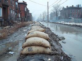 Sandbags protect street from flood water with buildings in background for disaster photo
