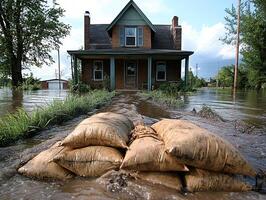 Sandbags protecting house during flood with flooded yard and trees in background photo