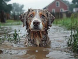 Wet dog in flooded area. House visible in background. Photo for use in weather reports