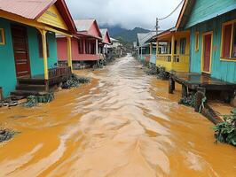 Street flooded in front of colorful houses in a town after heavy rain photo