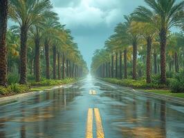 Wet road, palm trees line street, cloudy sky background. Use for travel or nature photo