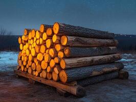 Stacked logs on platform, glowing in night, snow covered ground, stars in background photo