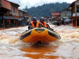 Two people in boat rescue on flooded street, buildings in the background, stock photo use
