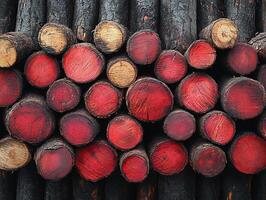 Stacked logs, some with red ends, forest, for industrial or art background photo