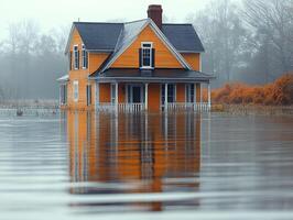 Yellow house in flood, water surrounding structure, foggy trees in background, for impact use photo