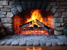 Burning logs in brick fireplace with stack of wood and plant in room photo