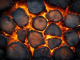 Burning wood logs. Flames and embers in fire pit. Use warming, cooking photo