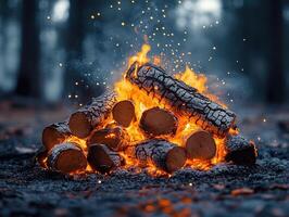Burning logs in a pile, glowing embers with bokeh trees, use outdoor concept photo