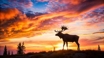A moose stands in front of a sunset with clouds in the background photo