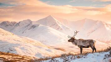 A reindeer stands in front of a snowy mountain range photo