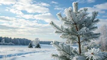A tree in the snow with blue sky and clouds photo