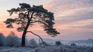 A lone tree in the middle of a frosty field photo