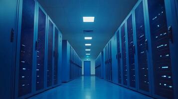 Data center server room with rows of rack servers. photo