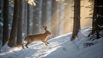 A hare running through the snow in the forest photo