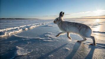 A rabbit running across an ice covered field photo