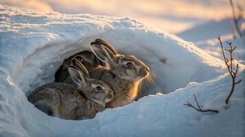 Two rabbits are sitting in a hole in the snow photo