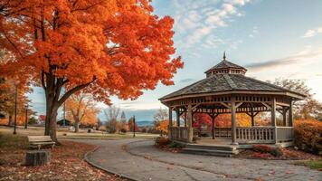 A gazebo sits in the middle of a park surrounded by fall foliage photo