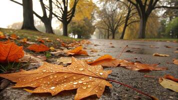 Autumn leaves on the ground in a park photo