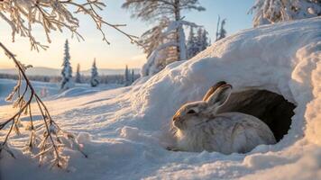 A rabbit is sitting in a hole in the snow photo