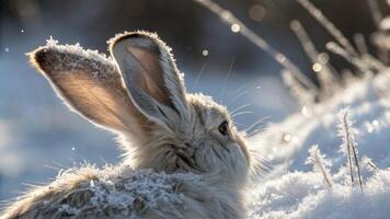 A rabbit is sitting in the snow photo