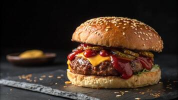 A hamburger with cheese, ketchup and mustard on a black background photo