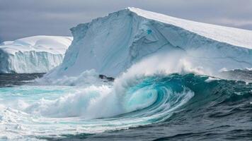 An iceberg in the ocean with a wave breaking on it photo