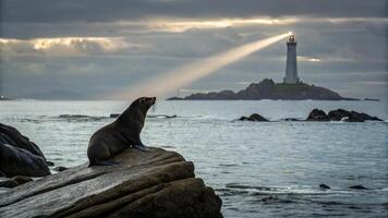 A seal sitting on a rock with a lighthouse in the background photo