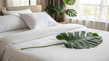 A bed with white sheets and pillows with a leaf on top photo