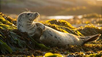 A seal laying on the grass in the sun photo