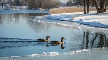 Two ducks swimming in a frozen lake photo