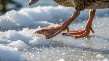 A duck walking on the ice with its feet in the snow photo