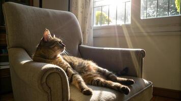 A cat laying on a chair in front of a window photo