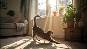 A cat walking on a rug in front of a window photo